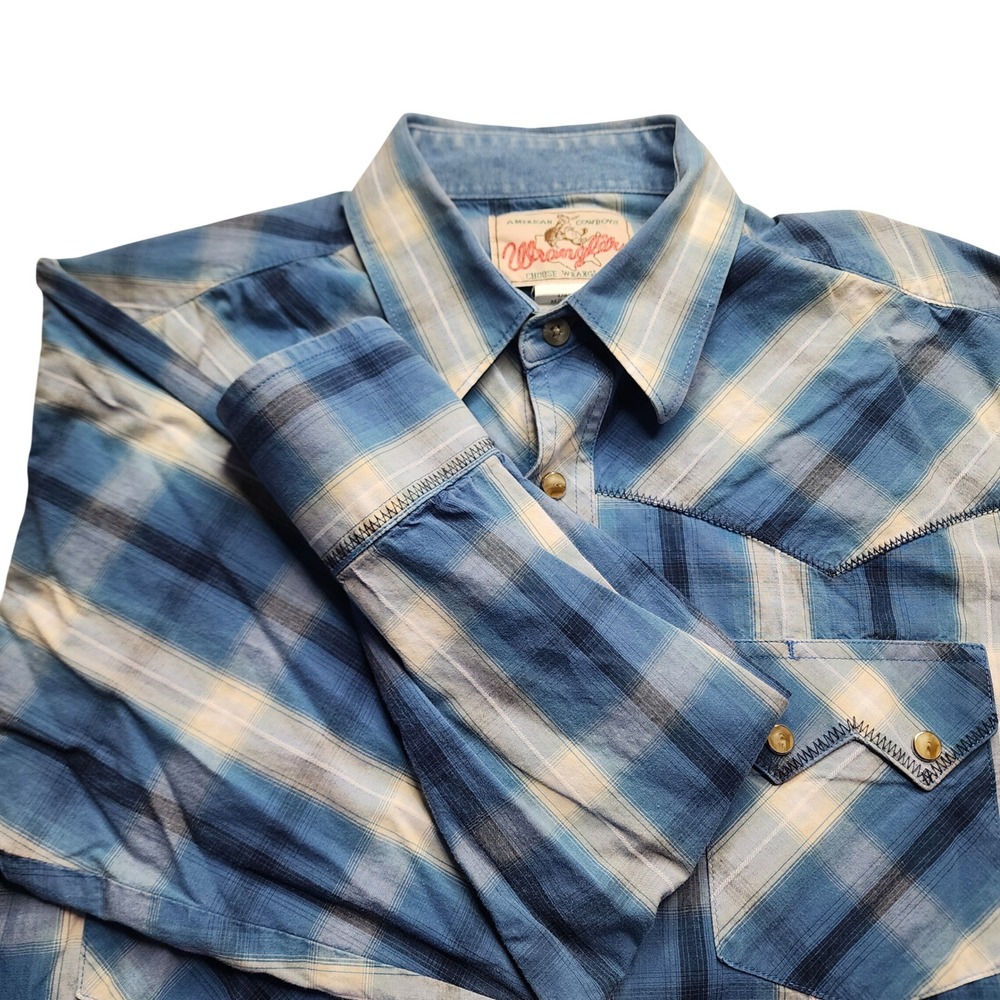 Wrangler Western‎ Plaid Long Sleeve Snap Front Shirt Mens M Blue Tan Rodeo